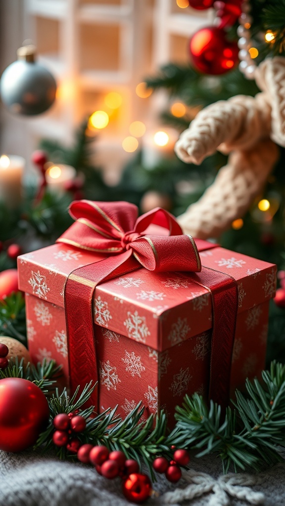 A festive Christmas gift box with decorations, symbolizing holiday gift ideas.